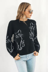 Cat Pattern Round Neck Long Sleeve Pullover Sweater - Trendsi