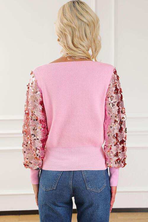 Sequin Long Sleeve V-Neck Sweater - Trendsi - Flyclothing LLC