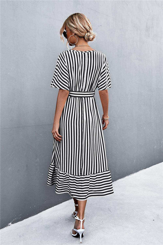 Striped Tie Belt Midi Dress - Trendsi - Flyclothing LLC