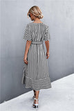 Striped Tie Belt Midi Dress - Trendsi