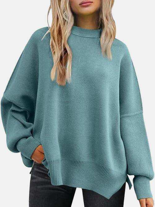 Round Neck Drop Shoulder Slit Sweater - Trendsi - Flyclothing LLC