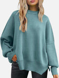 Round Neck Drop Shoulder Slit Sweater - Trendsi - Flyclothing LLC