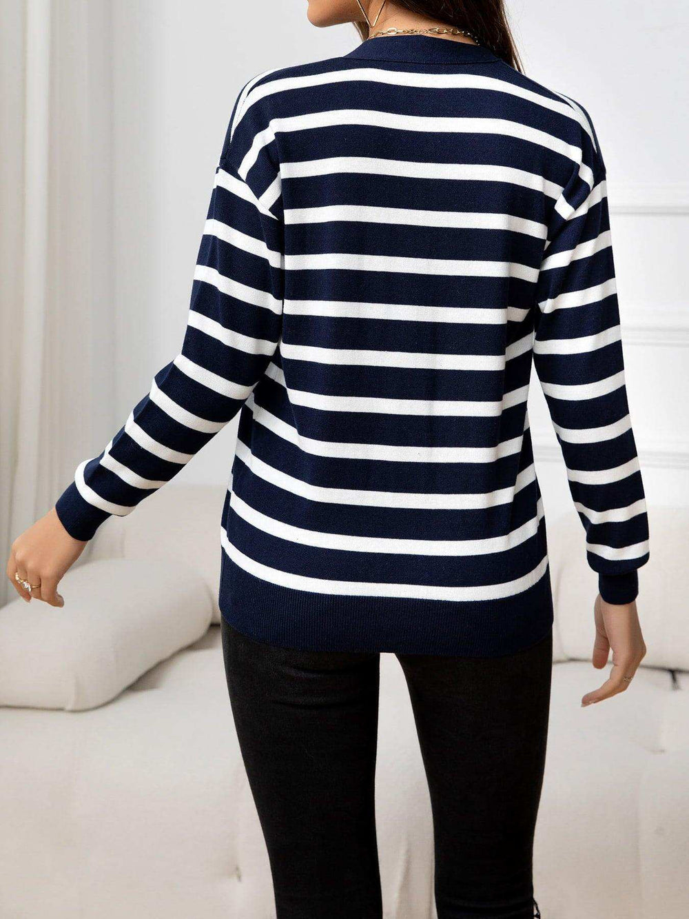 Striped Dropped Shoulder V-Neck Knit Top - Trendsi - Flyclothing LLC