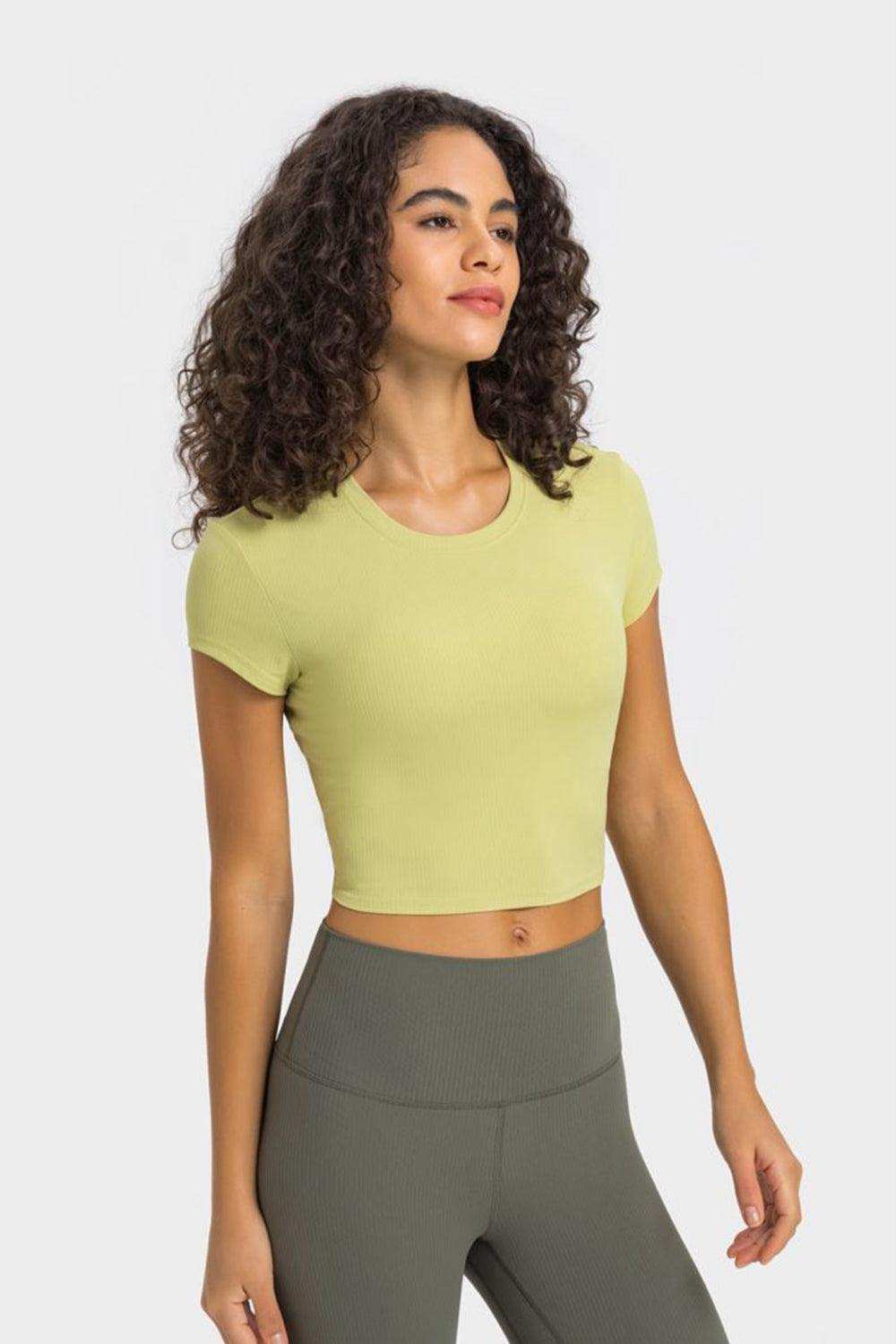 Round Neck Short Sleeve Cropped Sports T-Shirt - Trendsi - Flyclothing LLC