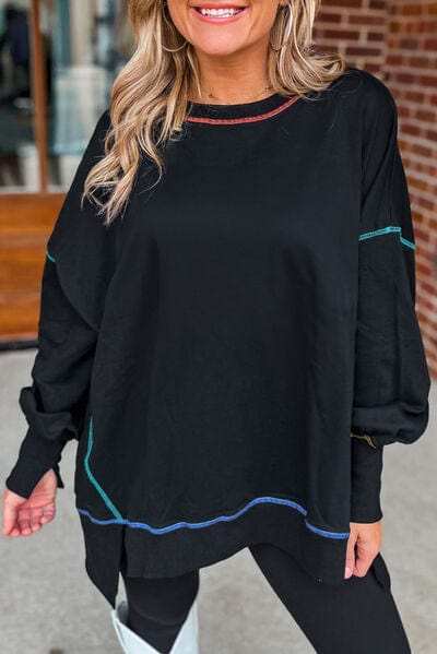 Slit Round Neck Lantern Sleeve Sweatshirt - Trendsi - Flyclothing LLC
