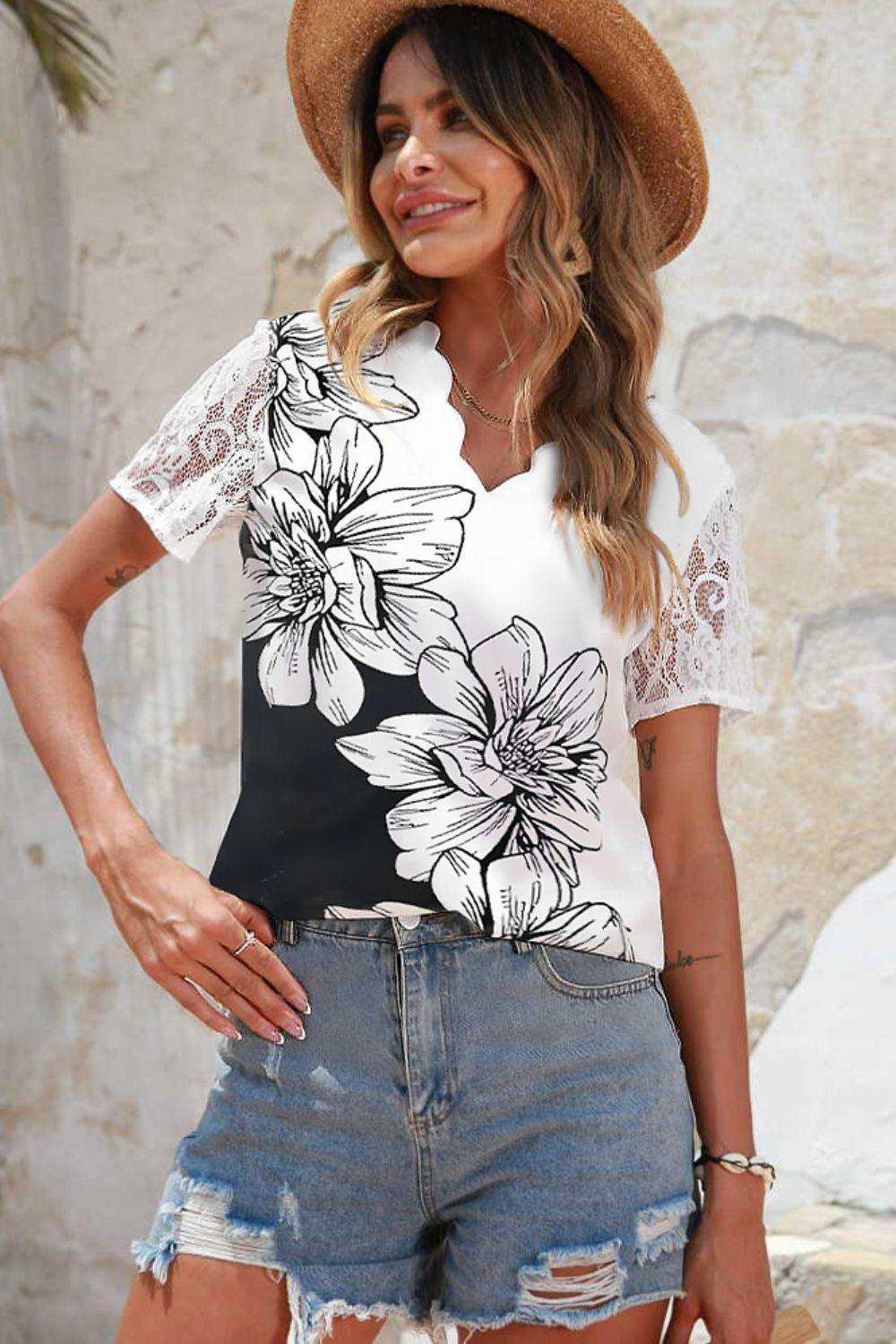 Floral Graphic Scalloped V-Neck Top - Trendsi - Flyclothing LLC