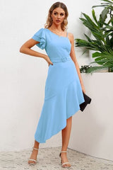 Ruffled Asymmetrical Neck Flutter Sleeve Dress - Trendsi