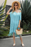 V-Neck Short Sleeve Fringe Hem Knit Dress - Flyclothing LLC
