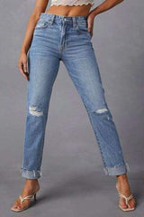 Distressed Raw Hem Straight Jeans with Pockets - Trendsi - Flyclothing LLC