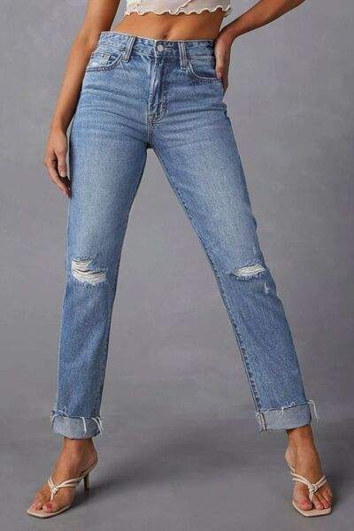 Distressed Raw Hem Straight Jeans with Pockets - Trendsi - Flyclothing LLC