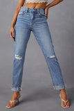 Distressed Raw Hem Straight Jeans with Pockets - Trendsi