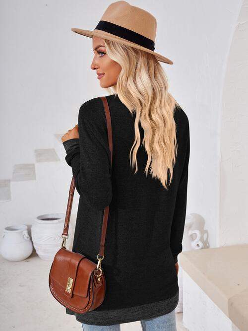 Crochet Contrast V-Neck Long Sleeve Slit T-Shirt - Trendsi - Flyclothing LLC