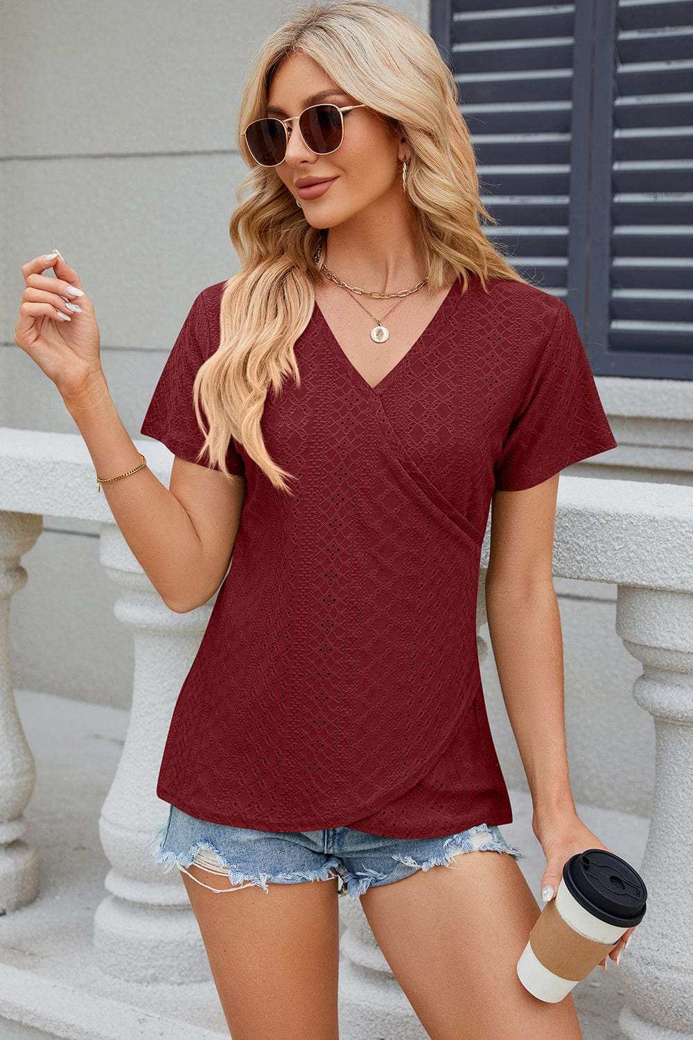 Eyelet Surplice Short Sleeve T-Shirt - Trendsi - Flyclothing LLC