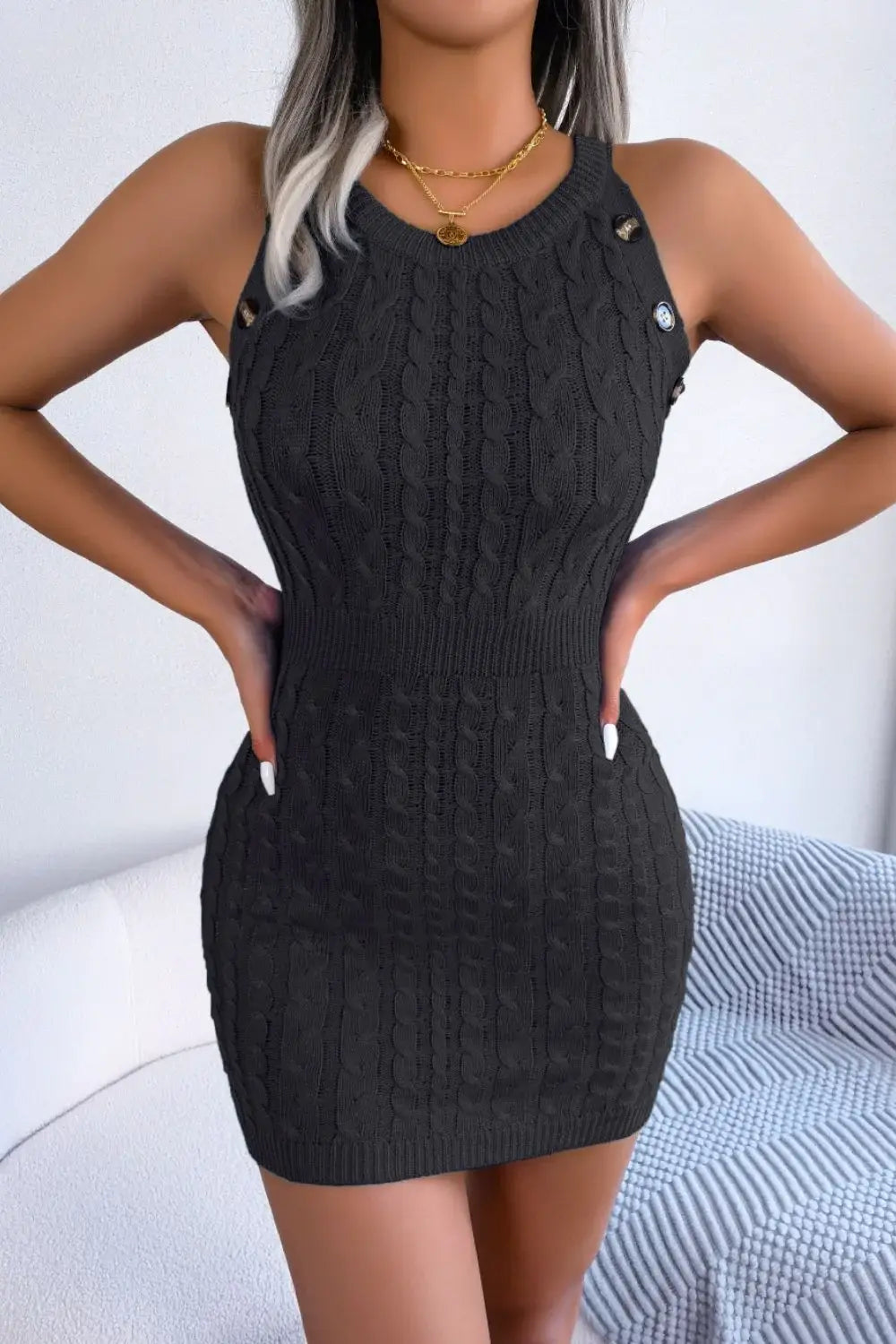 Decorative Button Sleeveless Cable-Knit Dress - Trendsi - Flyclothing LLC