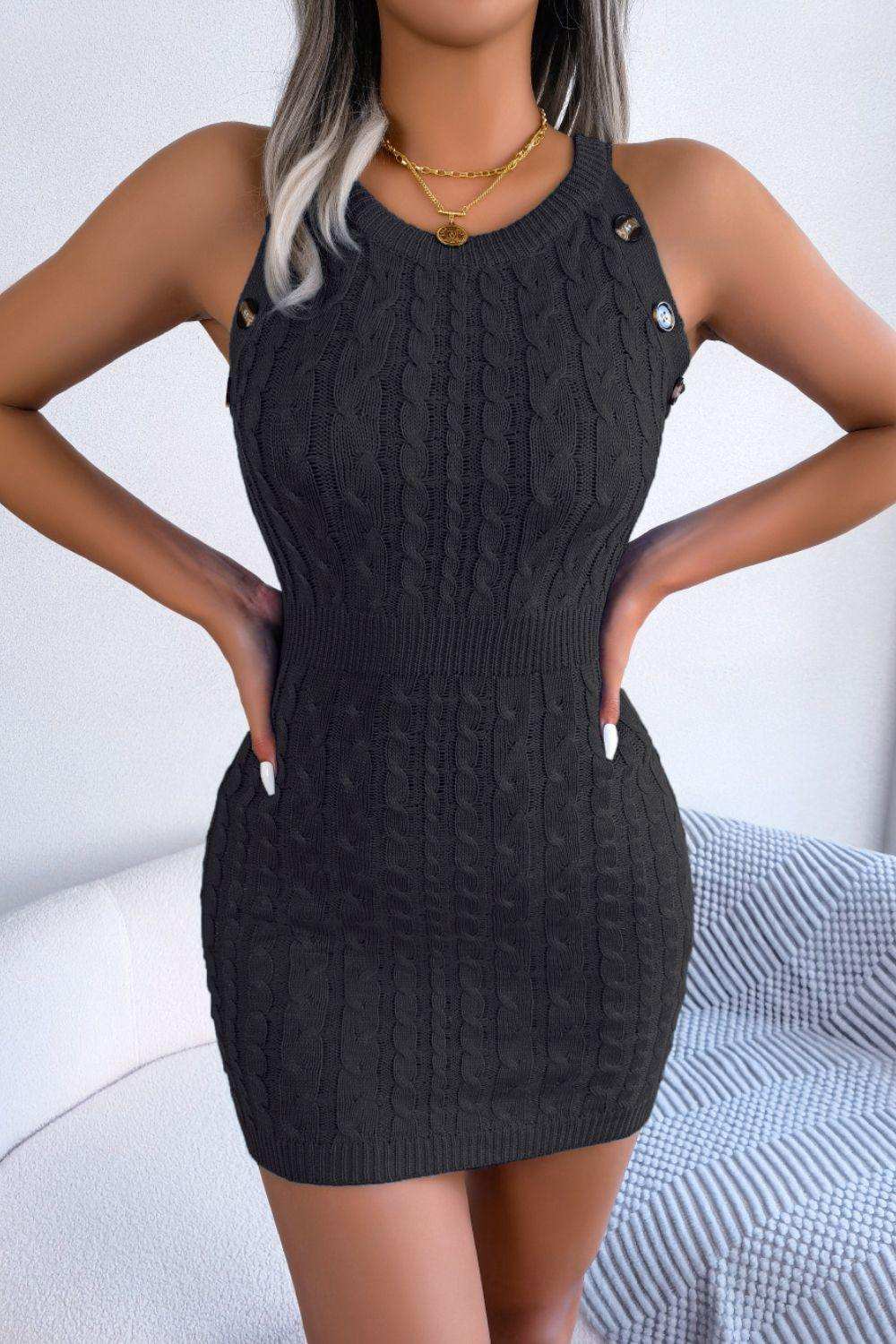 Decorative Button Sleeveless Cable-Knit Dress - Trendsi - Flyclothing LLC
