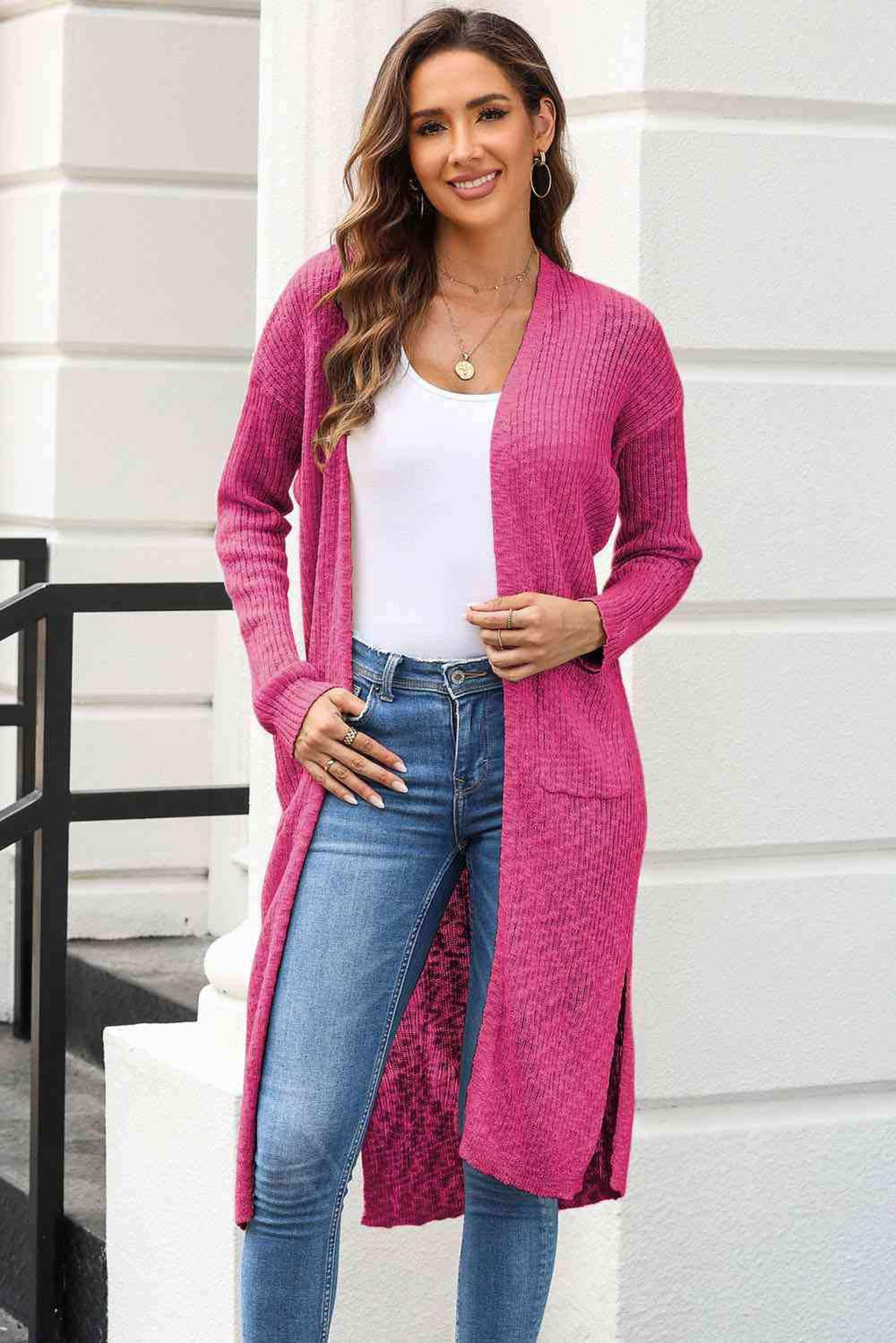 Open Front Slit Cardigan with Pockets - Trendsi - Flyclothing LLC