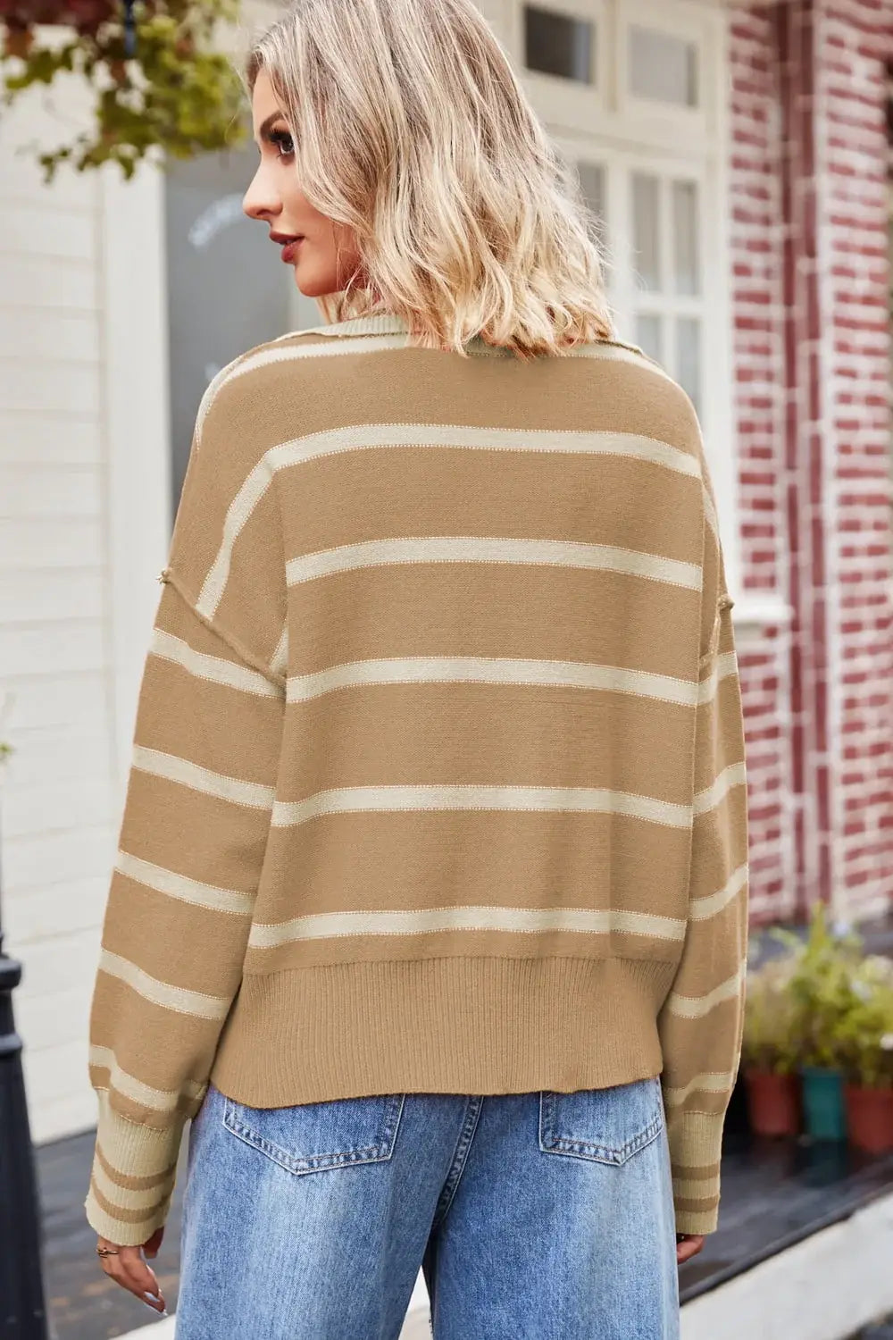 Striped Dropped Shoulder Notched Neck Knit Top - Trendsi - Flyclothing LLC