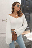 Cropped V-Neck Flare Sleeve Knit Top - Trendsi - Flyclothing LLC