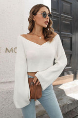 Cropped V-Neck Flare Sleeve Knit Top - Trendsi