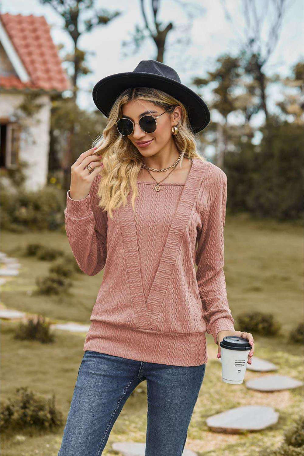Square Neck Long Sleeve Blouse - Trendsi - Flyclothing LLC