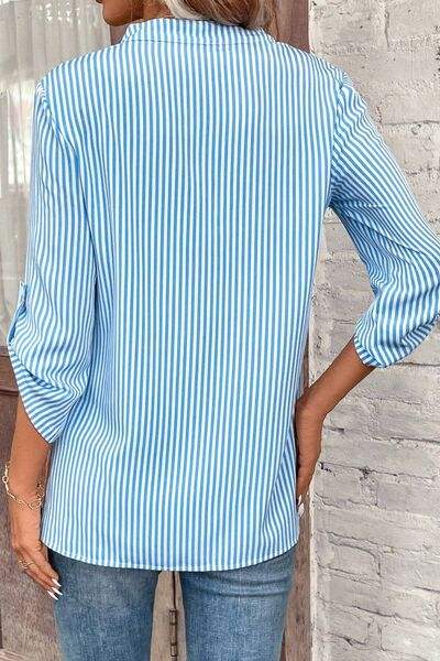 Striped Notched Roll-Tab Sleeve Shirt - Trendsi - Flyclothing LLC