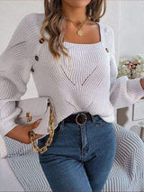 Openwork Buttoned Square Neck Sweater - Trendsi - Flyclothing LLC