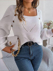 Openwork Buttoned Square Neck Sweater - Trendsi