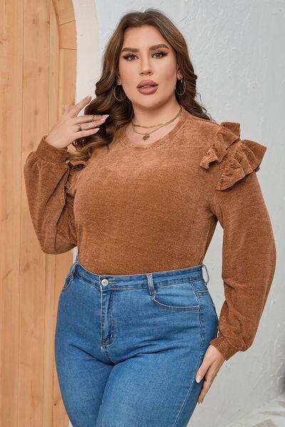 Plus Size Ruffled Round Neck Long Sleeve T-Shirt - Trendsi - Flyclothing LLC