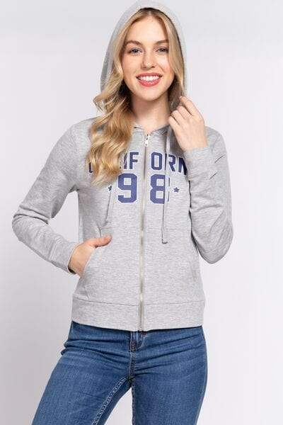 ACTIVE BASIC CALIFORNIA Zip Up Drawstring Long Sleeve Hoodie - Trendsi - Flyclothing LLC