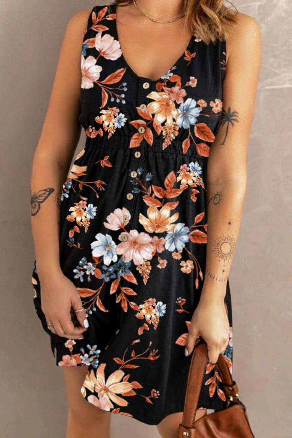 Double Take Printed Scoop Neck Sleeveless Buttoned Magic Dress with Pockets - Trendsi - Flyclothing LLC