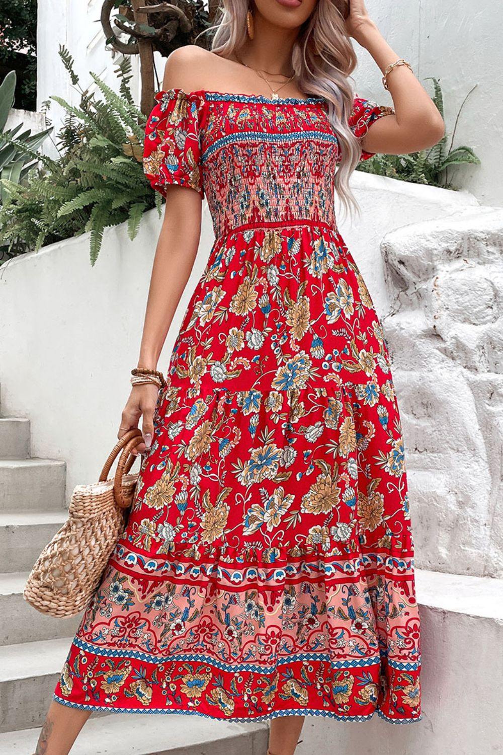 Floral Off-Shoulder Smocked Midi Dress - Trendsi