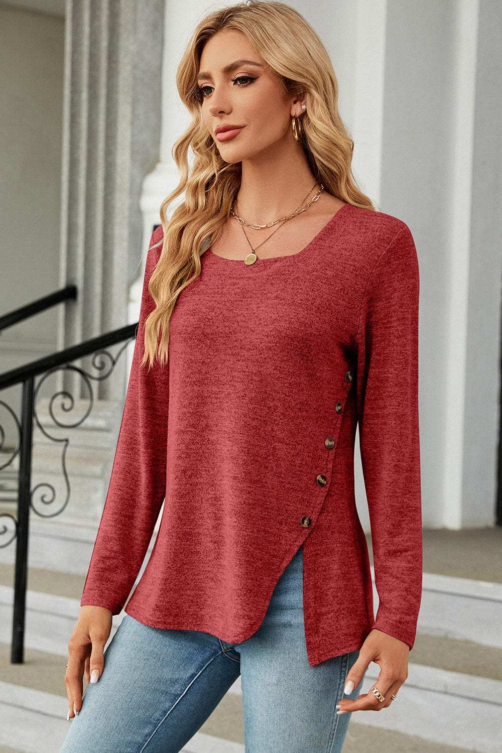 Slit Decorative Button Square Neck T-Shirt - Trendsi - Flyclothing LLC