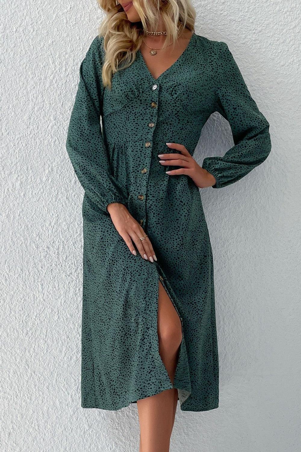 Printed Button Down V-Neck Midi Dress - Trendsi