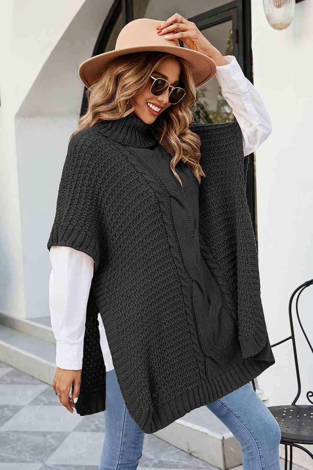 Cable-Knit Turtleneck Slit Sweater - Trendsi - Flyclothing LLC