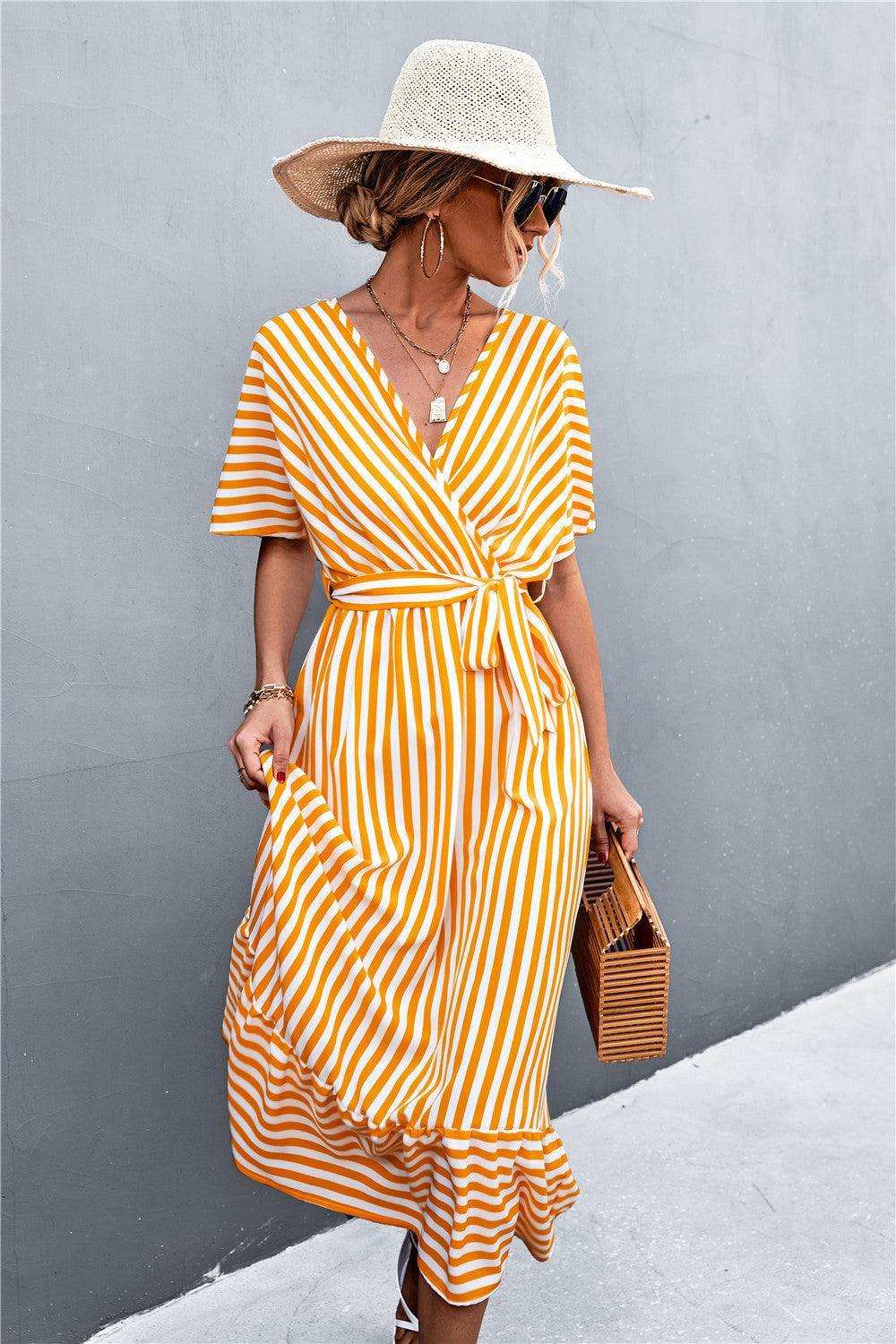 Striped Tie Belt Midi Dress - Trendsi - Flyclothing LLC