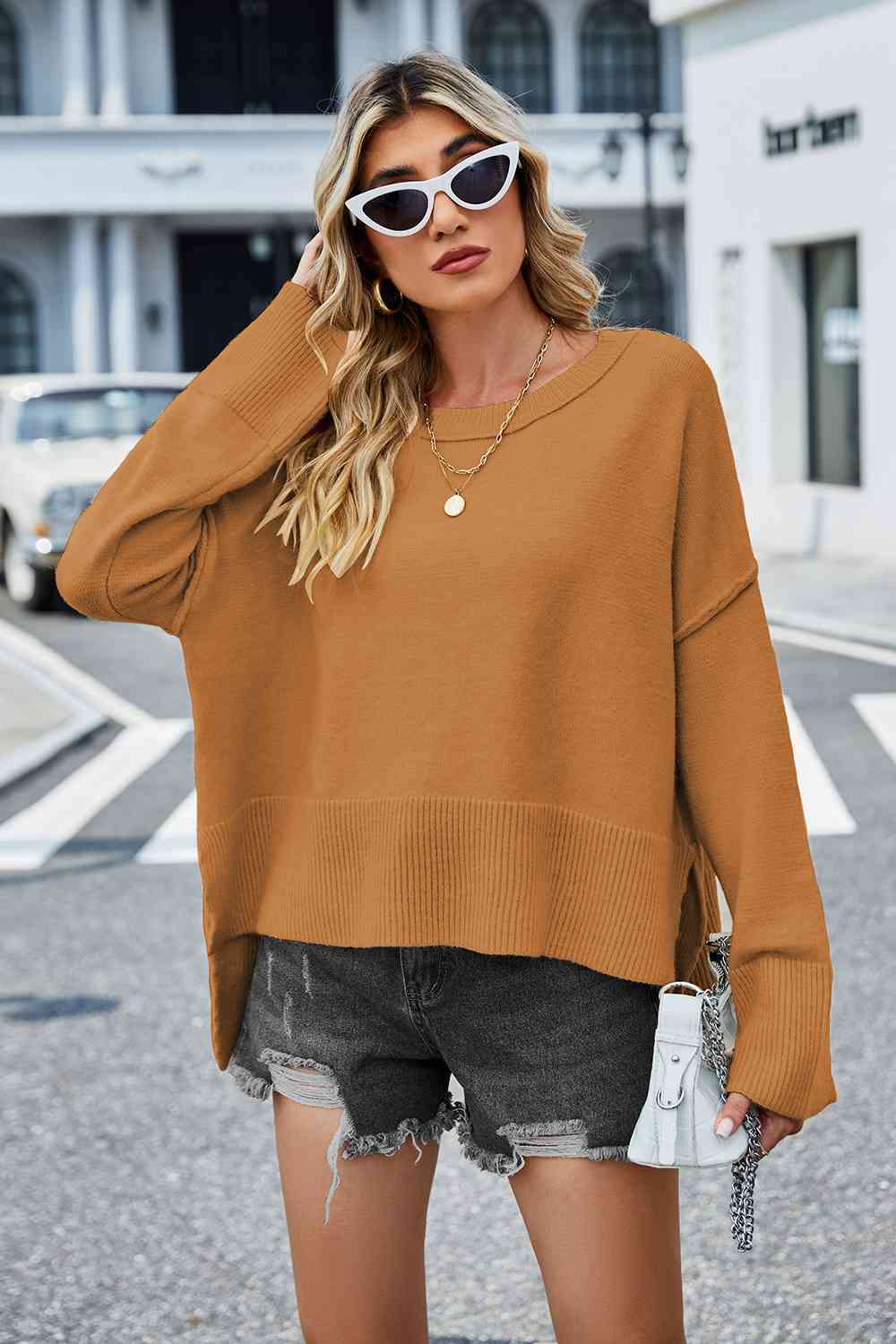 Round Neck Dropped Shoulder Slit Sweater - Trendsi - Flyclothing LLC