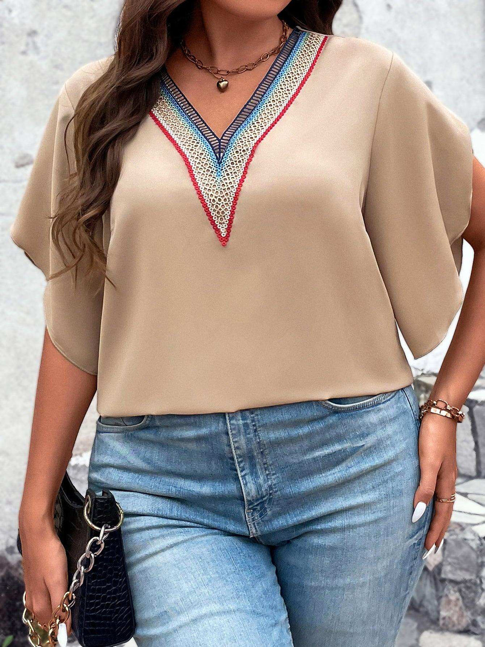 Plus Size V-Neck Flutter Sleeve Blouse - Trendsi - Flyclothing LLC