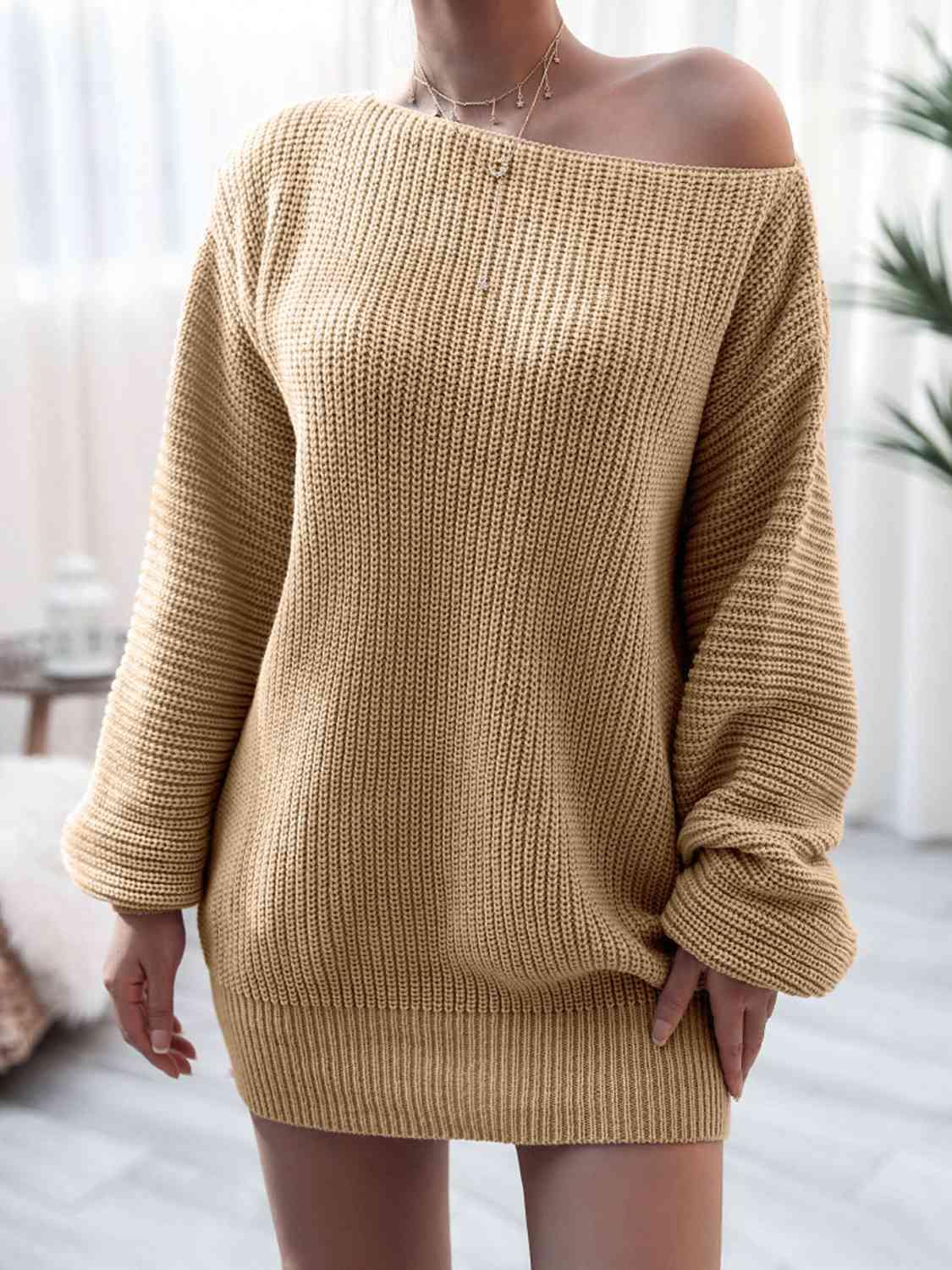 Rib-Knit Mini Sweater Dress - Trendsi