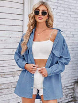 Pocketed Snap Down Dropped Shoulder Denim Shacket - Trendsi - Flyclothing LLC