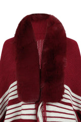 Striped Fringe Detail Long Sleeve Poncho - Trendsi - Flyclothing LLC