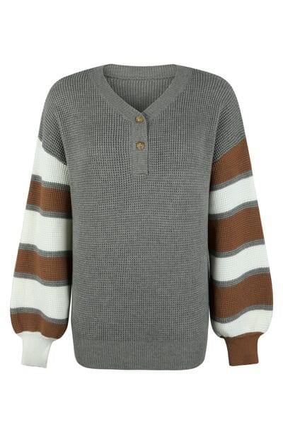 Color Block V-Neck Dropped Shoulder Sweater - Trendsi