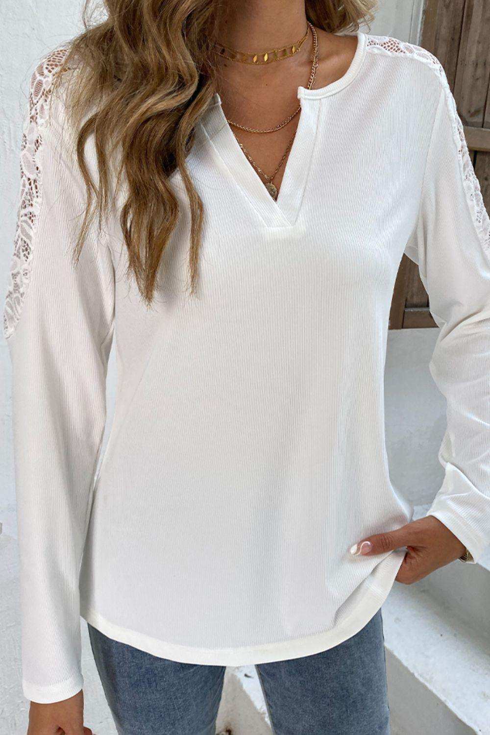 Spliced Lace Notched Neck Top - Trendsi - Flyclothing LLC