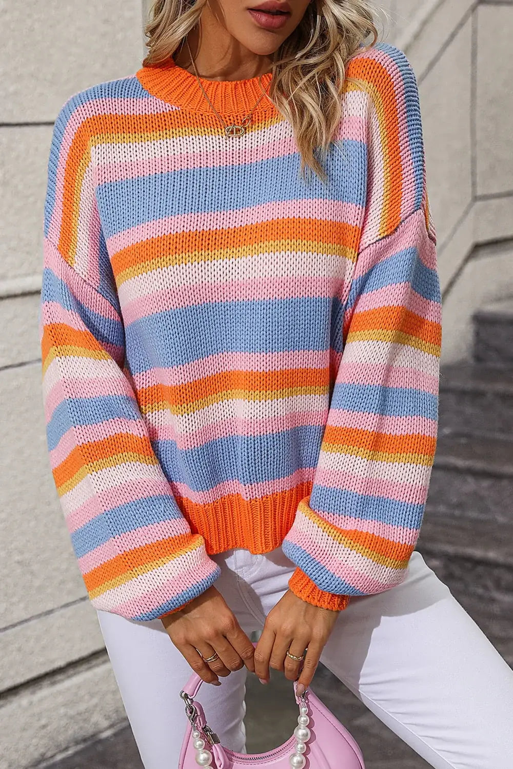 Striped Round Neck Dropped Shoulder Sweater - Trendsi - Flyclothing LLC