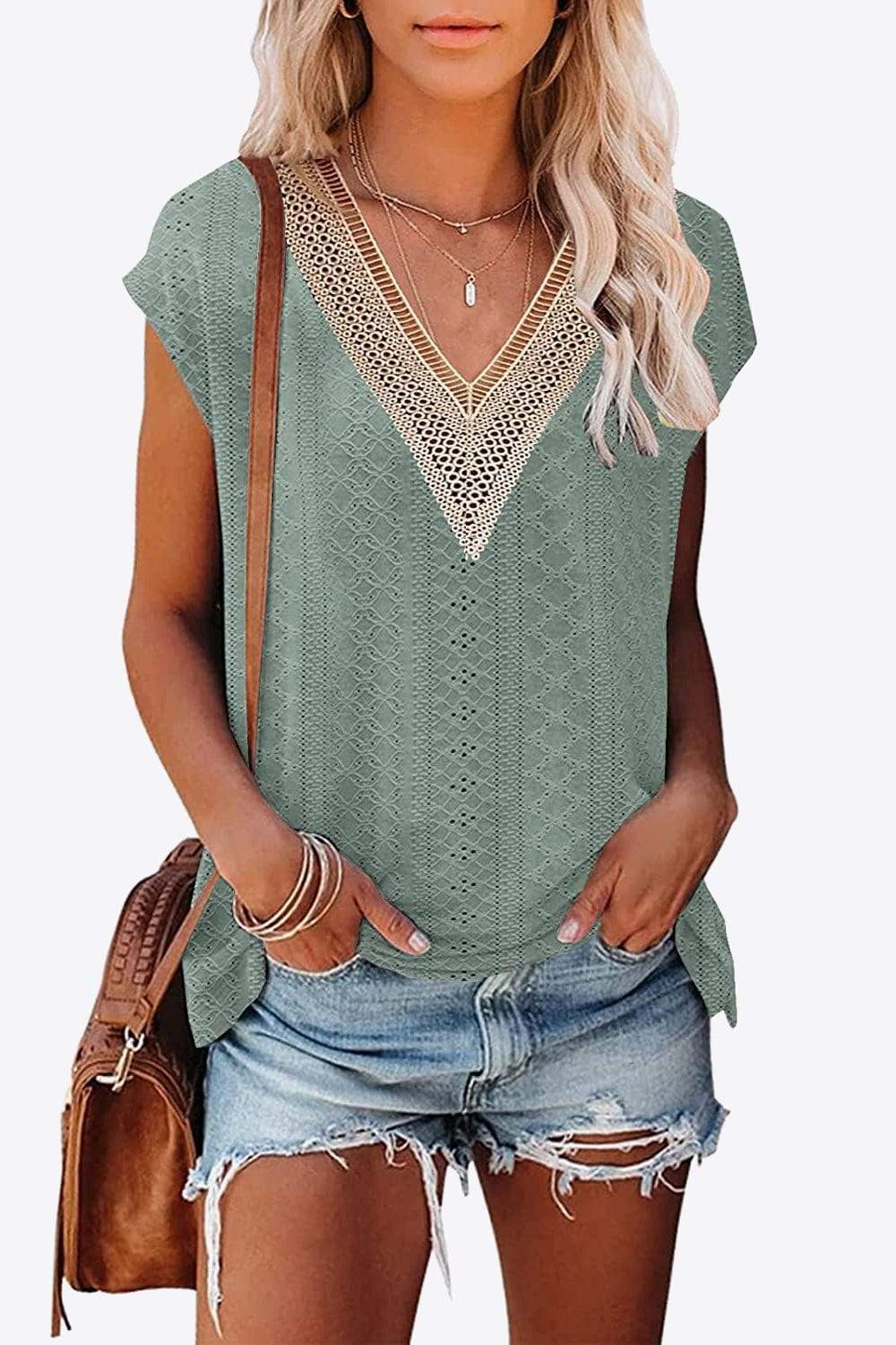 Eyelet Contrast V-Neck Tee - Trendsi - Flyclothing LLC