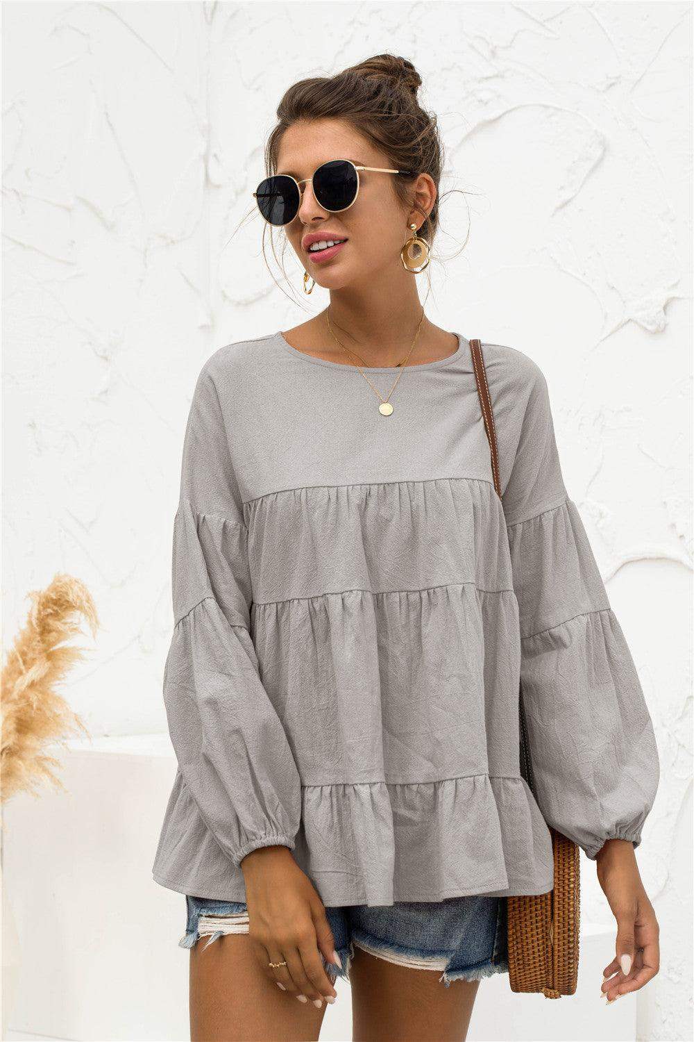 Round Neck Bubble Sleeve Tiered Blouse - Trendsi - Flyclothing LLC