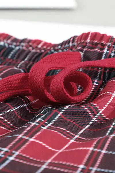 Round Neck Top and Drawstring Plaid Pants Lounge Set - Trendsi - Flyclothing LLC