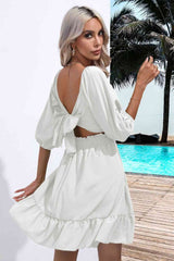 Square Neck Tie Back Ruffle Hem Dress - Flyclothing LLC