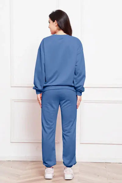 Round Neck Long Sleeve Sweatshirt and Pants Set - Trendsi - Flyclothing LLC