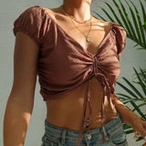 Drawstring Ruched Short Sleeve Cropped Blouse - Trendsi - Flyclothing LLC