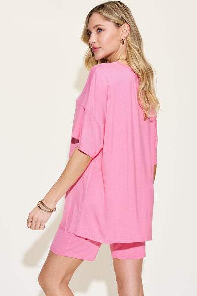 Basic Bae Full Size V-Neck Drop Shoulder Short Sleeve T-Shirt and Shorts Set - Trendsi - Flyclothing LLC